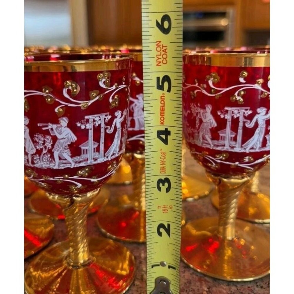 Murano Venetian Neoclassical Wine Glasses Set of 12 Ruby  24k Heavy Gold Gilded - Picture 10 of 10